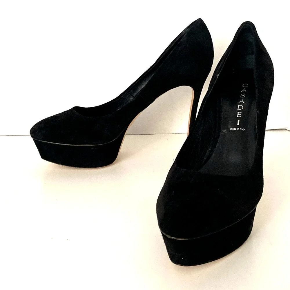 Casadei Flora Pump Black Suede Platform Almond Toe Slim Stiletto Heel 9.5 - Picture 8 of 11